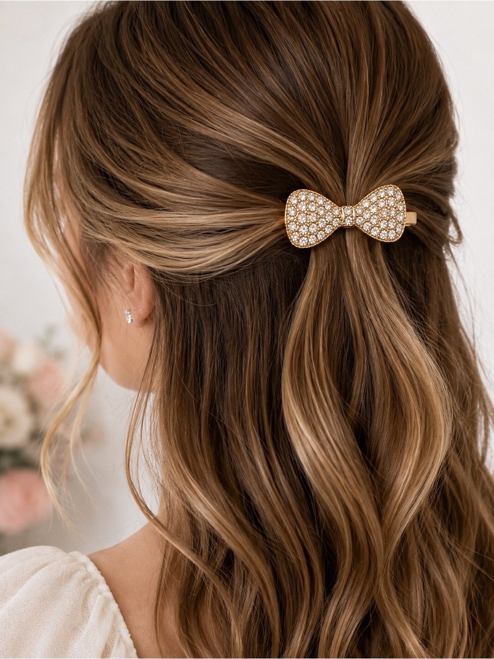 Rhinestone Bow Hair Clip Set Gold Crystal Bridal Flower Girl Hair Accessories - Picture 3 of 5